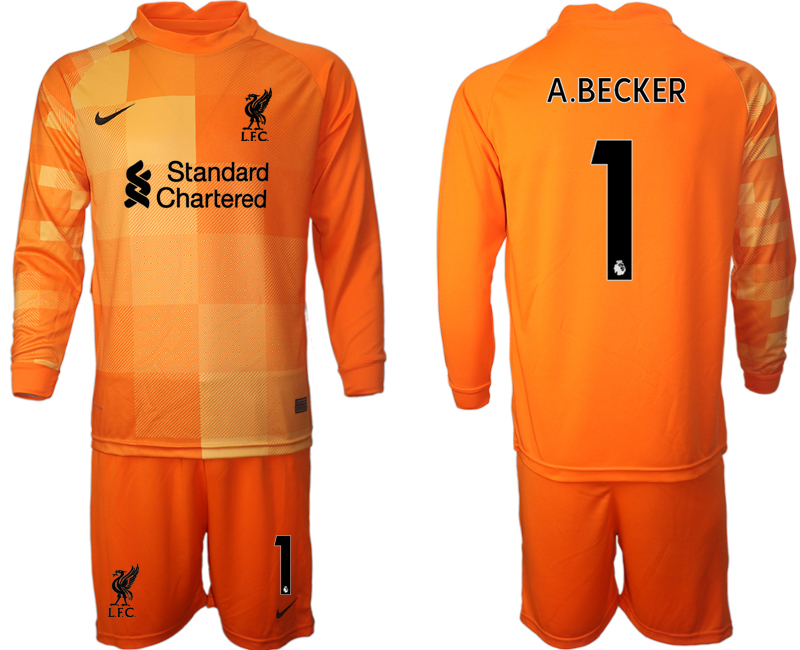 Men 2021-2022 Club Liverpool orange red goalkeeper Long Sleeve #1 Soccer Jersey